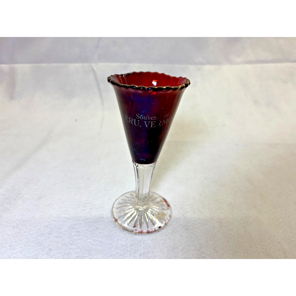 Ruby Stained Souvenir Glass Peru Vermont Vintage Etched Stemmed Cup
